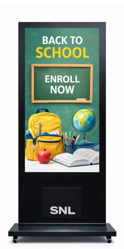 SNL digital signage showing a back-to-school enrolment message