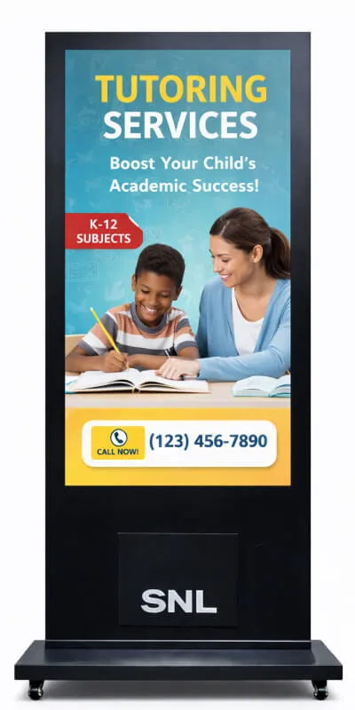 SNL digital signage showing a tutoring services advertisement