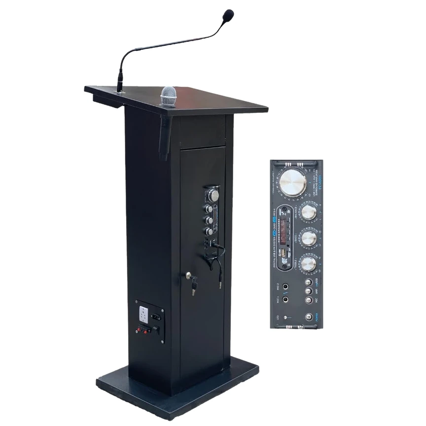 SNL Audio Podium: a black podium with a gooseneck microphone and an amplifier control panel