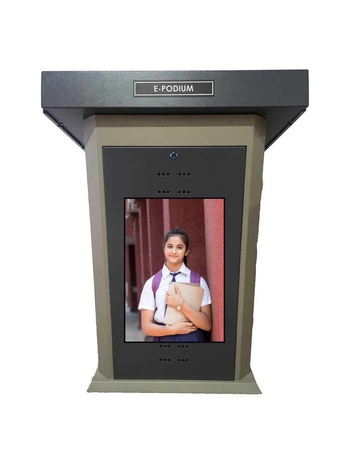 SNL Advanced Podium with Dual Display: a podium with a front screen facing the audience