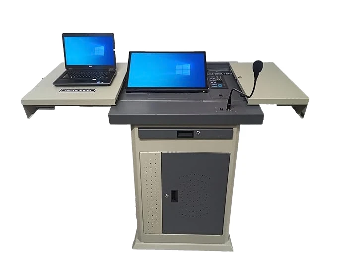 SNL Digital Podium with a screen, a laptop shelf and a gooseneck microphone