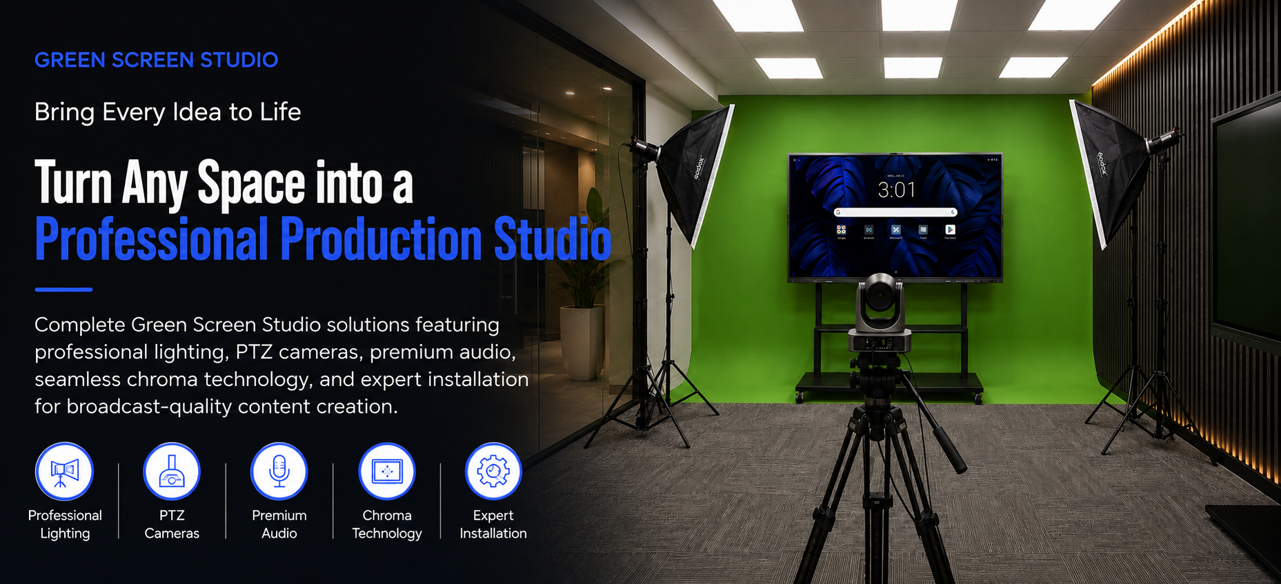 Banner reading "Turn Any Space into a Professional Production Studio" over a green screen studio setup with a display, PTZ camera, and studio lighting
