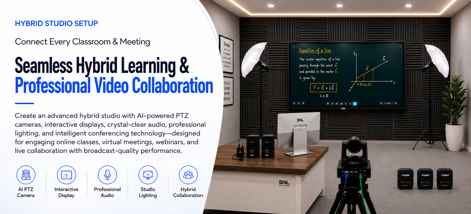 Banner reading "Seamless Hybrid Learning & Professional Video Collaboration" over a hybrid studio setup with an interactive display, PTZ camera, studio lighting, and a desk