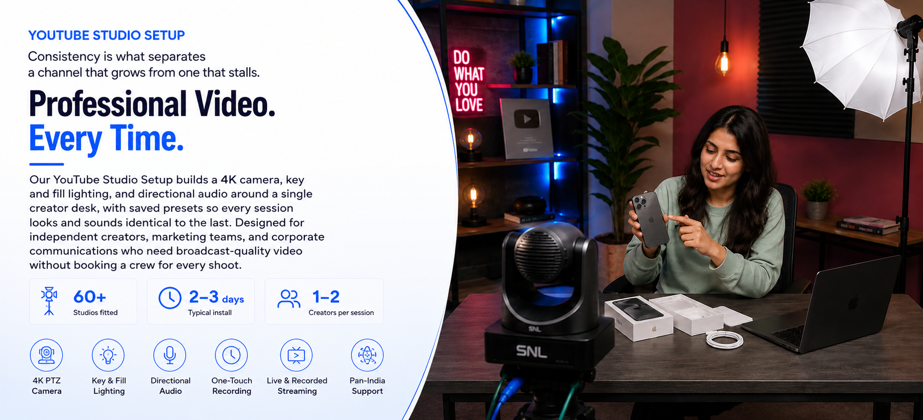 Banner reading "Professional Video. Every Time." over a YouTube studio setup with a creator at a desk, PTZ camera, and softbox lighting
