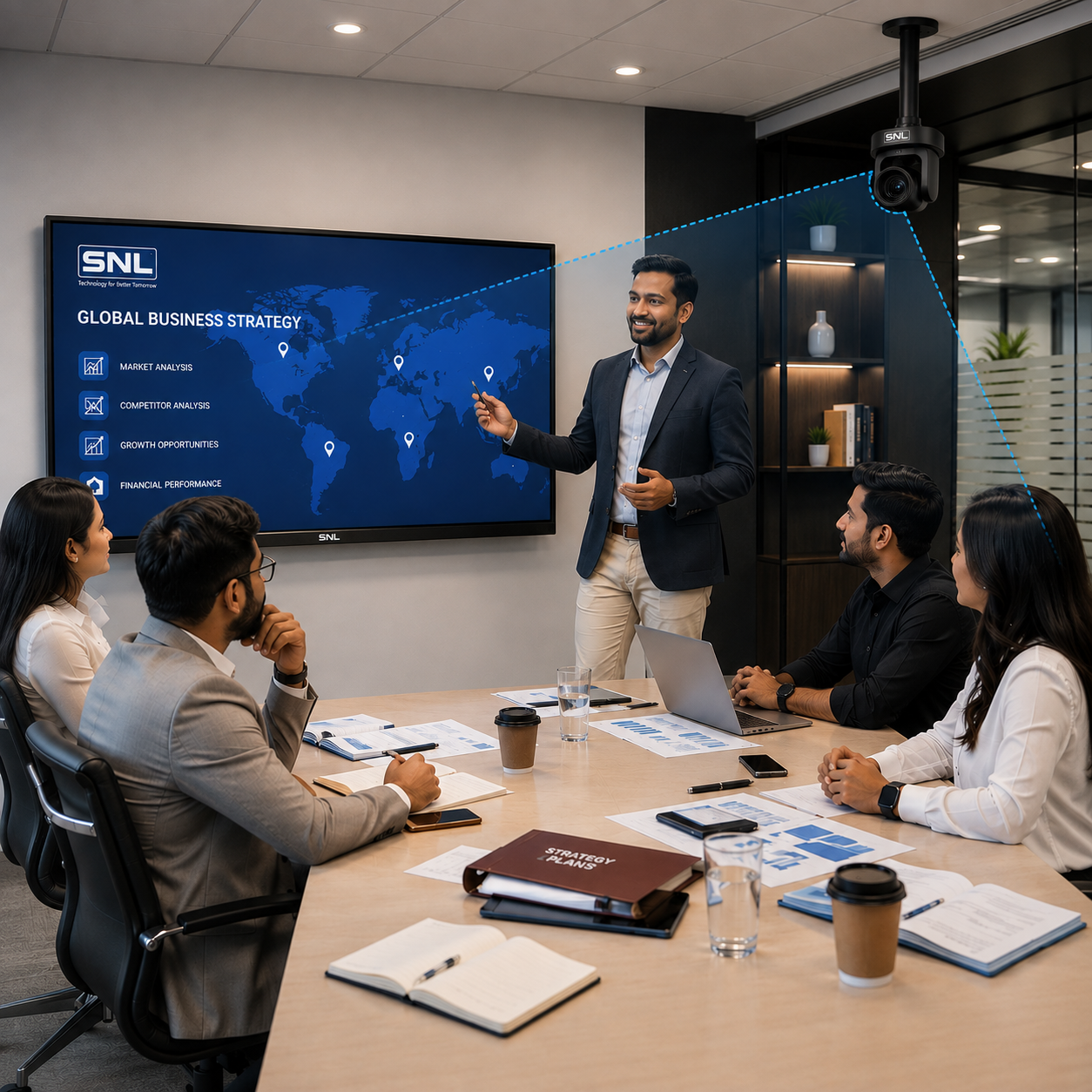 Business team presenting global strategy on a large SNL-branded display in a conference room with a ceiling PTZ camera