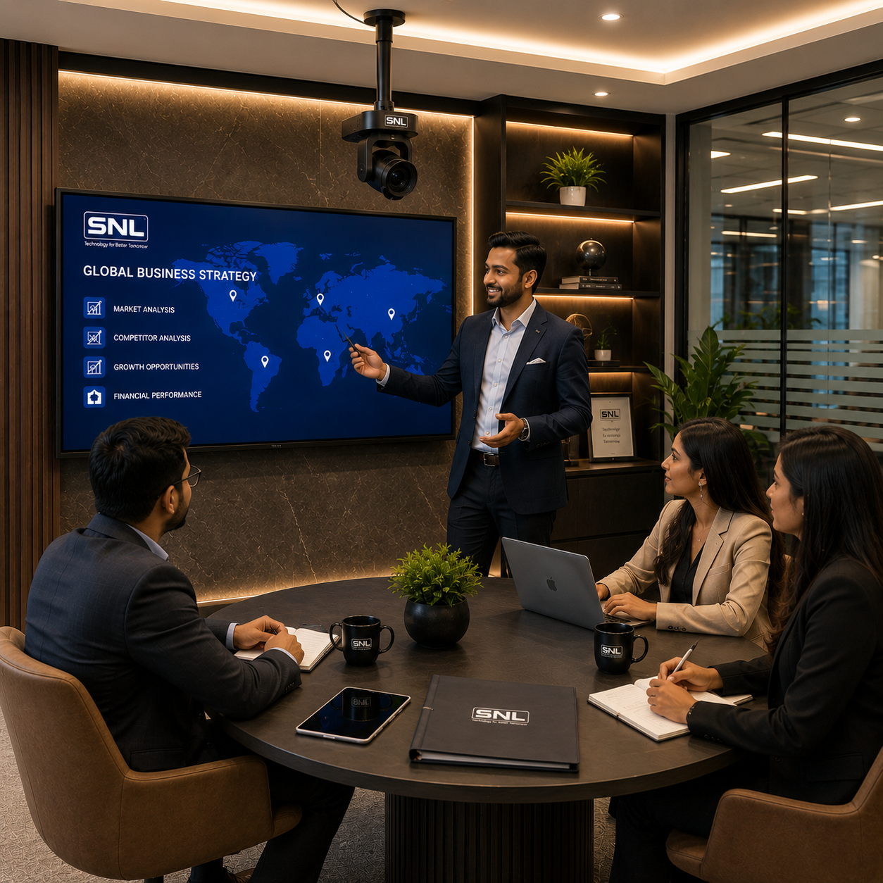 Business team meeting around a round table with an SNL-branded display and ceiling PTZ camera in a conference room
