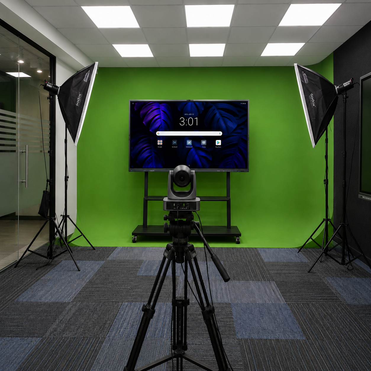 Green screen studio corner with a wall-mounted interactive display, PTZ camera on a tripod, and dual softbox lighting setup