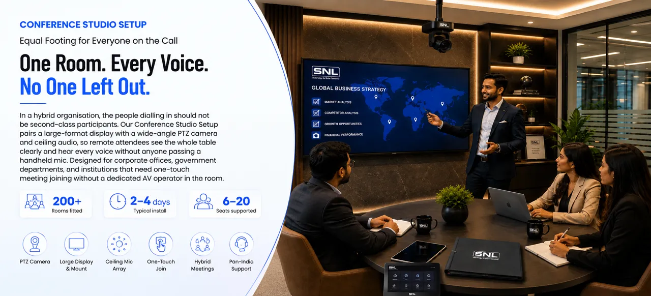 Banner reading "One Room. Every Voice. No One Left Out." over a conference studio setup with a large SNL-branded display, ceiling PTZ camera, and a business team meeting around a table