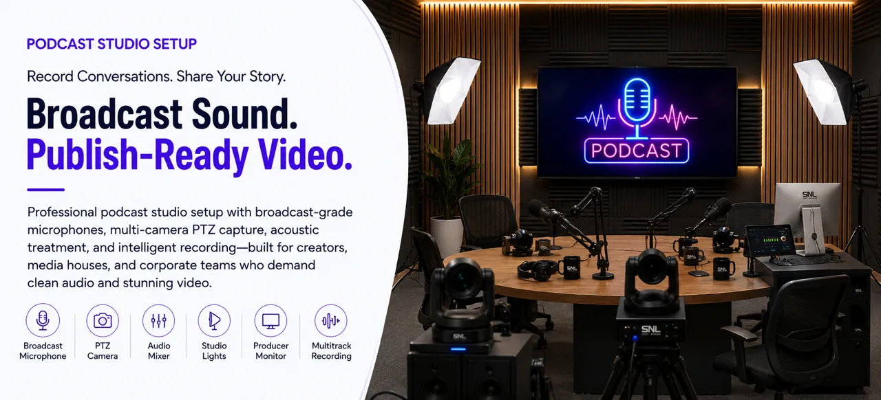 Banner reading "Broadcast Sound. Publish-Ready Video." over a podcast studio setup with a round table, PTZ cameras, microphones, and a neon podcast sign