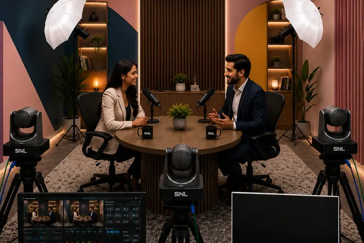 Two hosts recording a podcast facing each other with microphones and PTZ cameras on tripods
