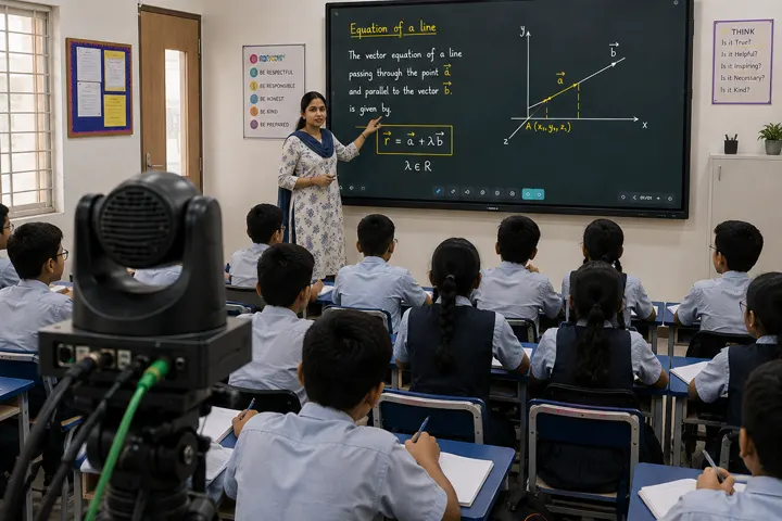 Teacher presenting on an interactive flat-panel display to students in a smart classroom with a ceiling-mounted PTZ camera