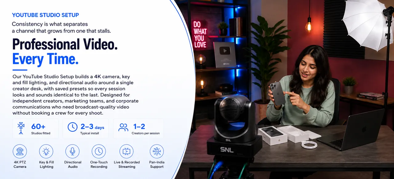 Banner reading "Professional Video. Every Time." over a YouTube studio setup with a creator at a desk, PTZ camera, and softbox lighting