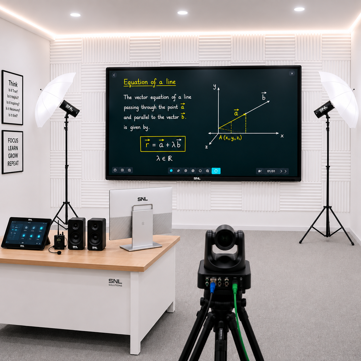Interactive flat panel display mounted on a wall, a secondary monitor at the desk, and a PTZ camera on a tripod between two softbox lights in an all-white hybrid studio setup