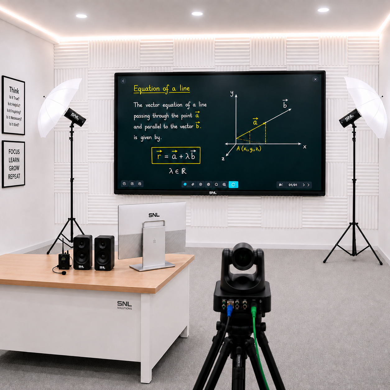PTZ camera on a tripod facing rows of student desks, with a large interactive flat panel displaying a math lecture at the front of a coaching-centre classroom