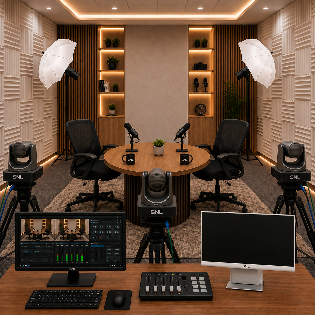 Empty podcast studio with a round table, acoustic wall panelling, overhead softbox lighting, and PTZ cameras on tripods facing the host seats