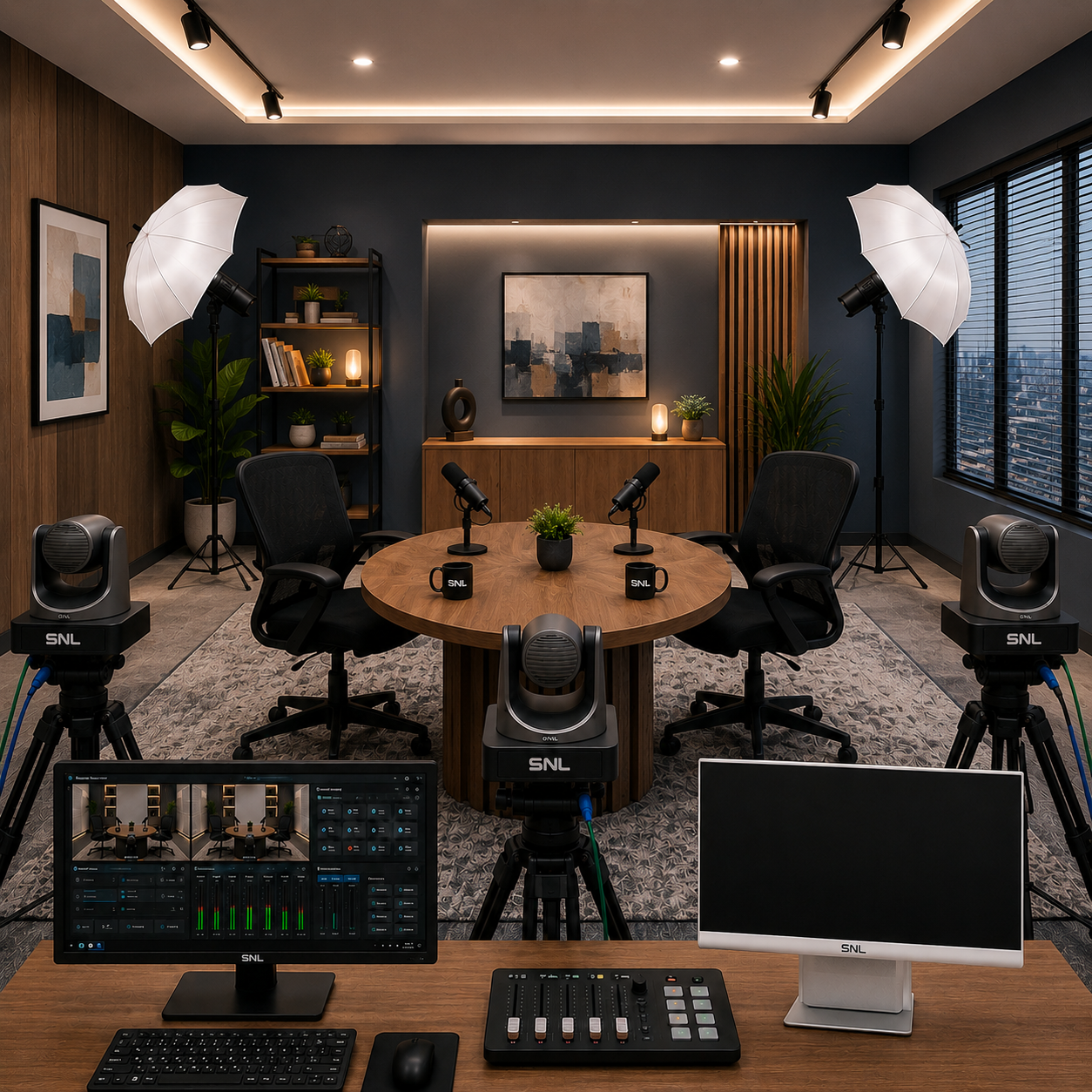 Podcast studio round table with microphones and PTZ cameras, softbox lighting, and a producer desk with monitoring displays and an audio mixer
