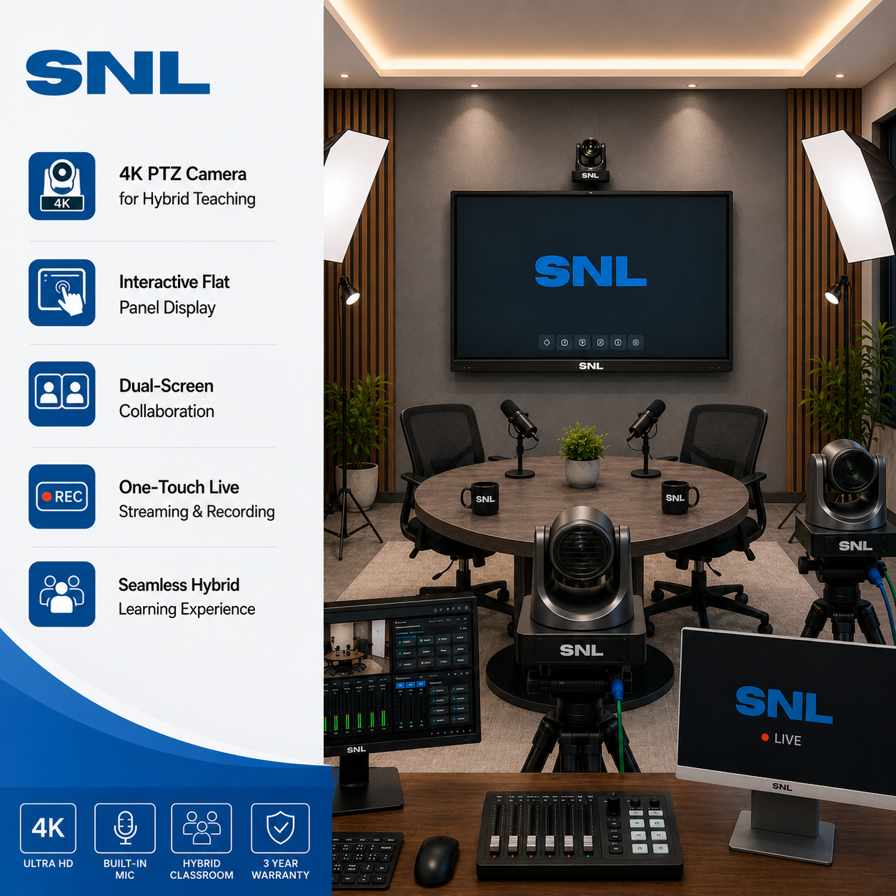 SNL Solutions marketing graphic showing a podcast recording room with a wall-mounted display, round table, microphones, and PTZ cameras, alongside feature icons for 4K PTZ camera, interactive display, dual-screen collaboration, and one-touch live streaming and recording