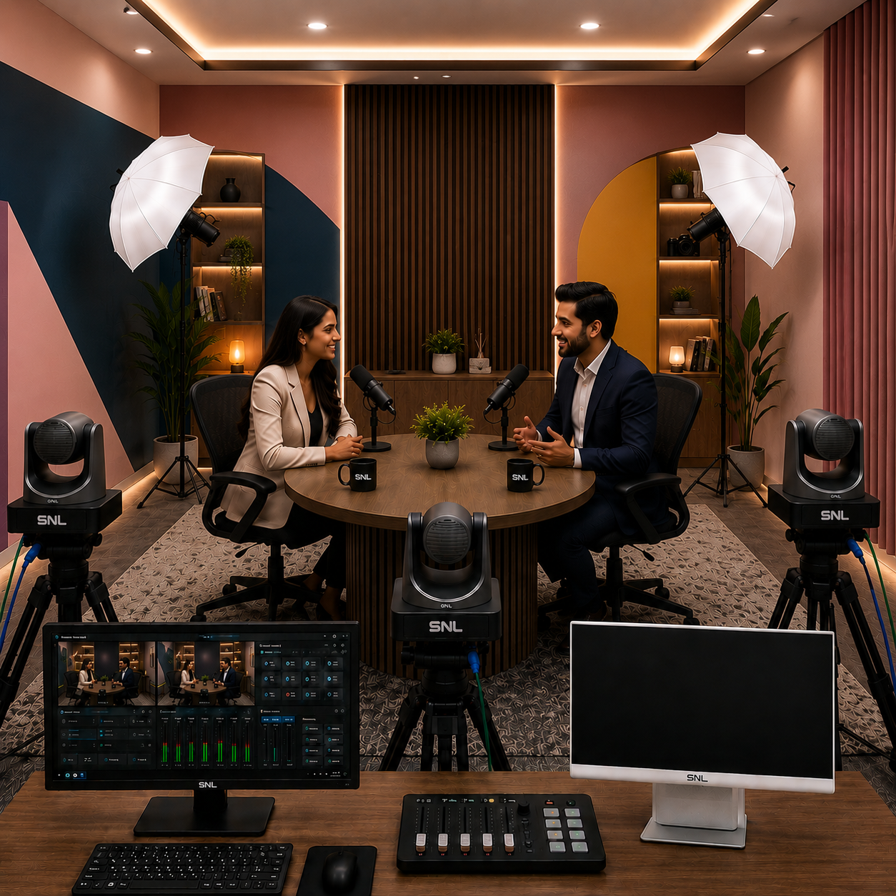 Two hosts recording a podcast facing each other with microphones and PTZ cameras on tripods