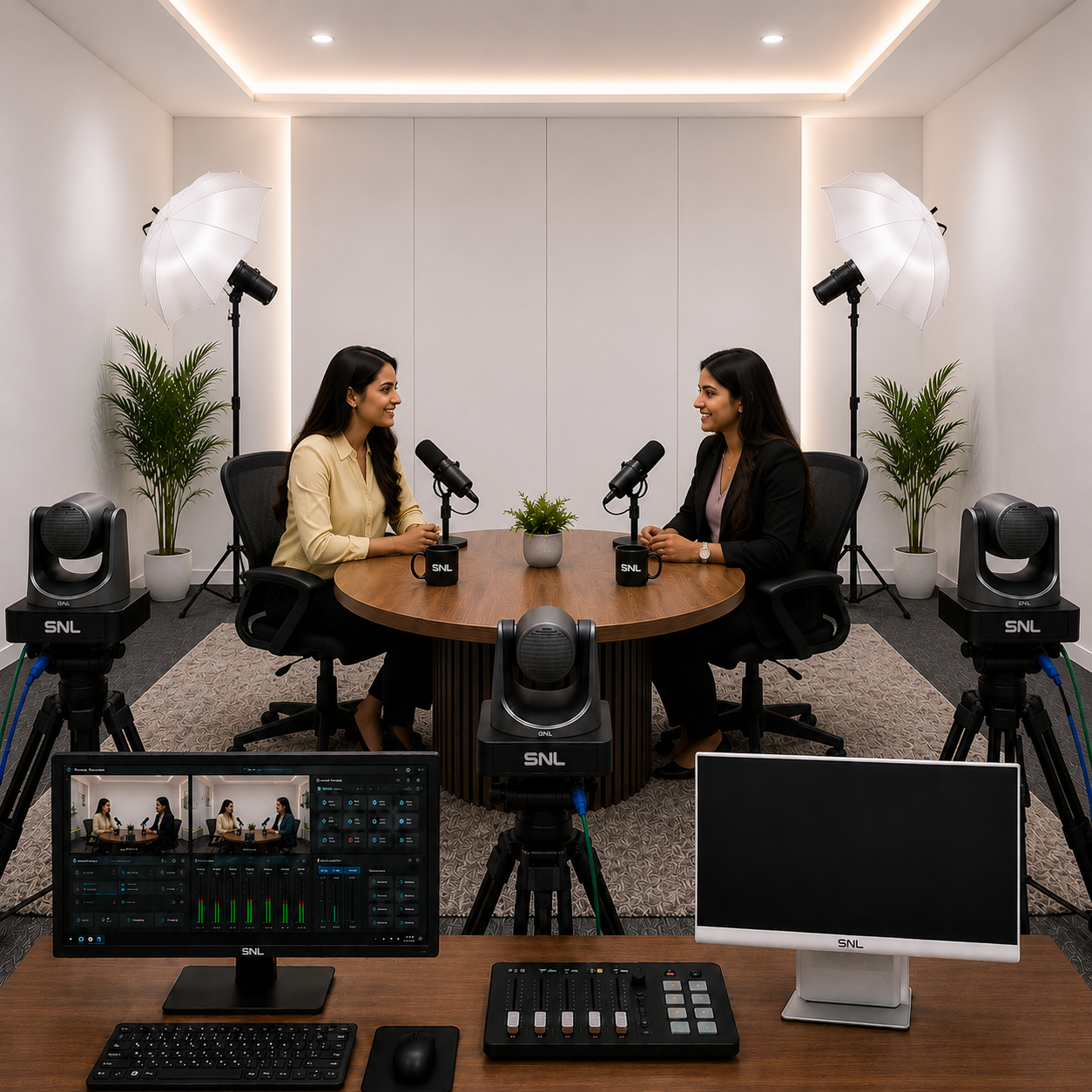 Two hosts facing each other at a round table in a minimalist white podcast studio, with softbox lighting, PTZ cameras on tripods, and a producer desk with monitoring displays and an audio mixer
