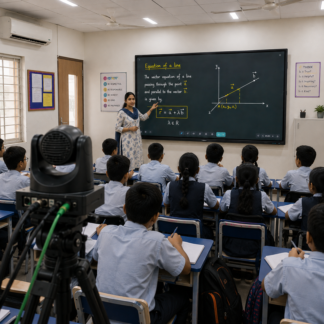 Teacher presenting on an interactive flat-panel display to students in a smart classroom with a ceiling-mounted PTZ camera