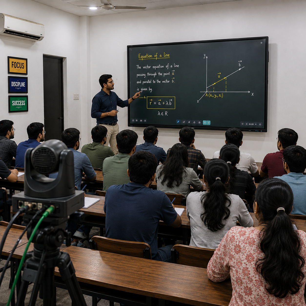 PTZ camera on a tripod facing the teaching position, with dual softbox lighting and a wireless microphone system set up for lecture capture