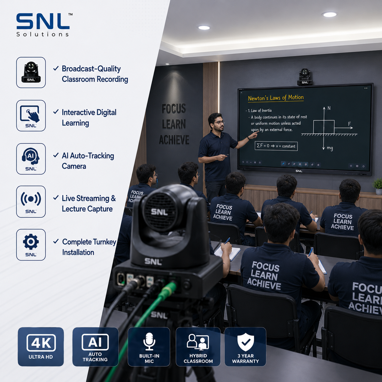 Wall-mounted interactive flat panel above a media console, with a PTZ camera, secondary monitor, and softbox lighting in a smart classroom