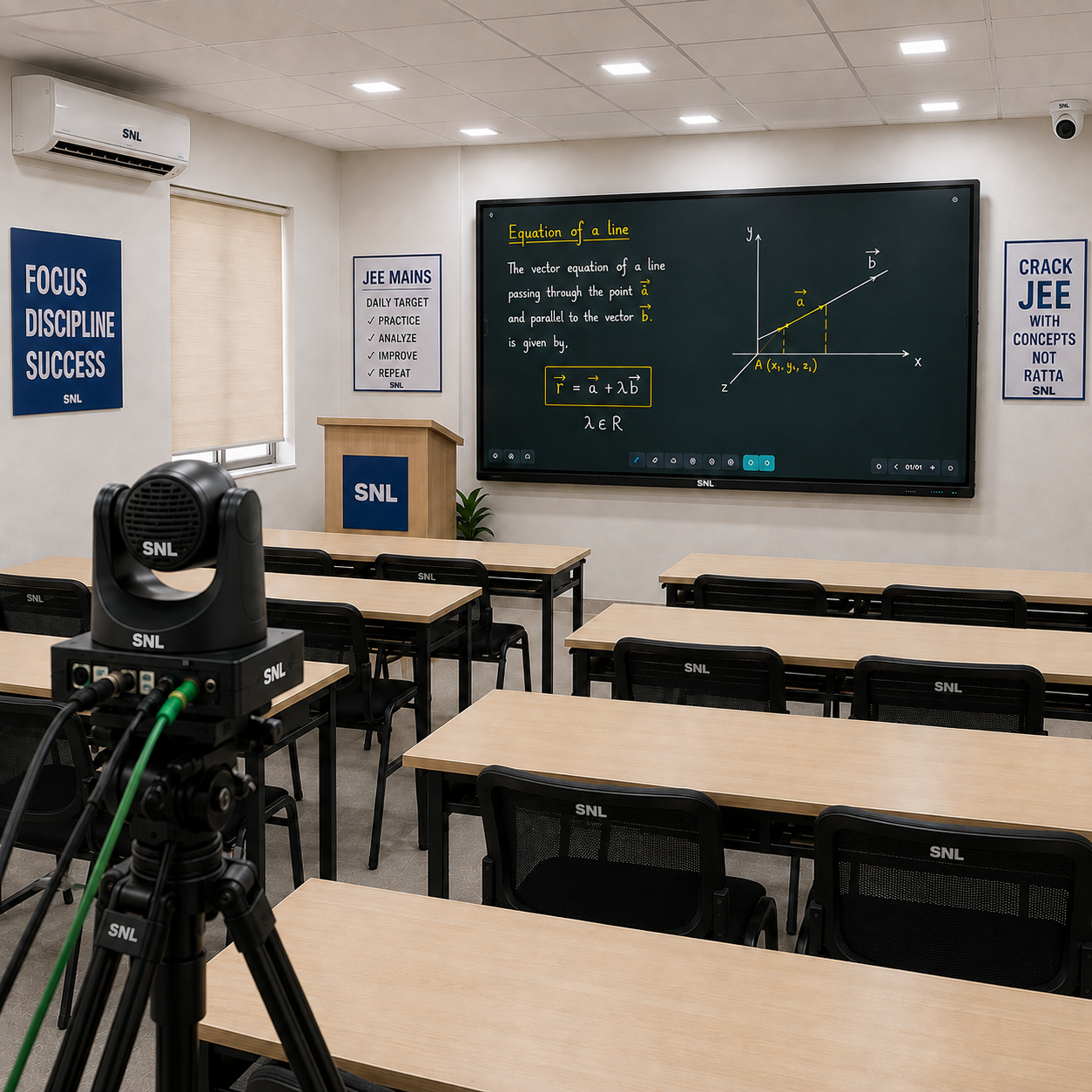 PTZ camera on a tripod facing rows of student desks, with a large interactive flat panel displaying a math lecture at the front of the classroom