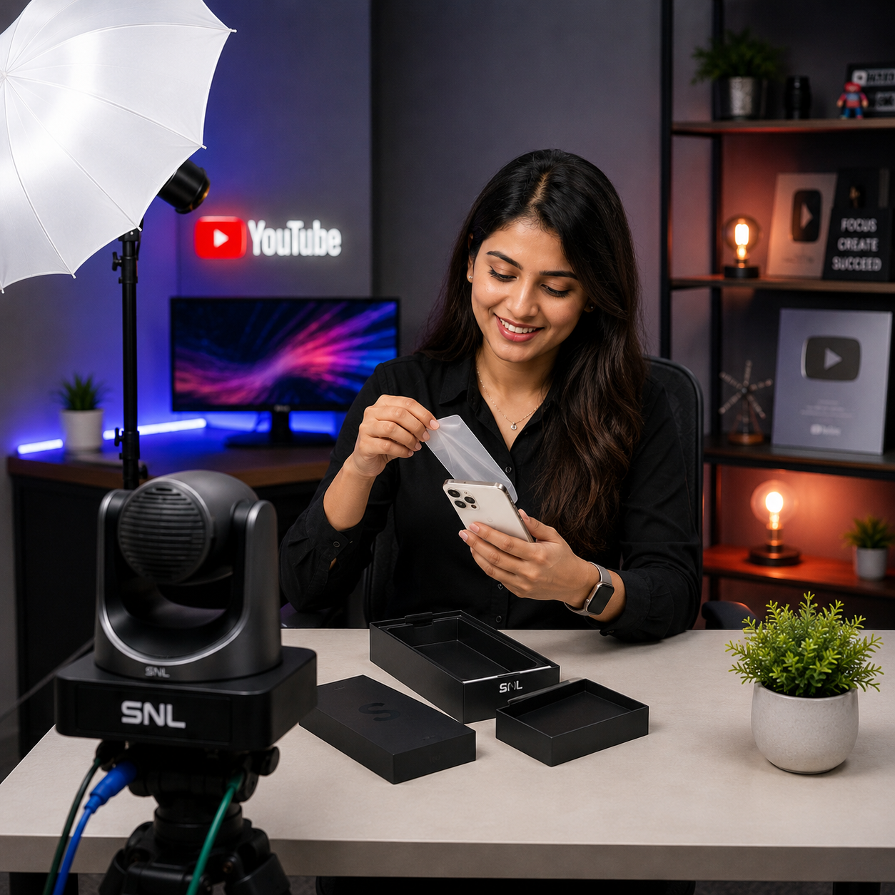 Content creator filming at a desk with a softbox light and PTZ camera, unboxing a phone in front of a YouTube-branded backdrop