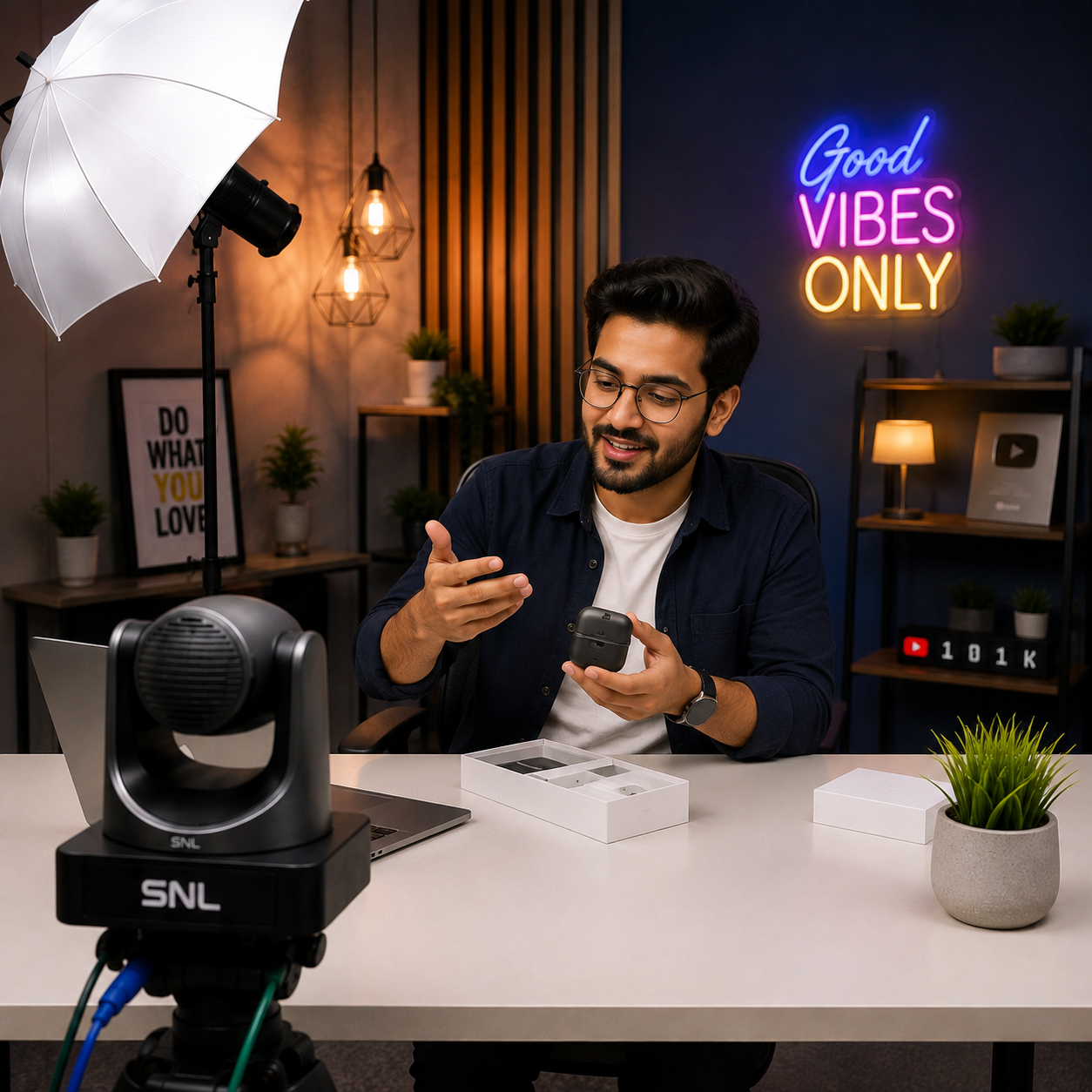 Content creator at a desk with a softbox light and PTZ camera, unboxing earbuds in front of a neon "Good Vibes Only" sign and YouTube subscriber plaque