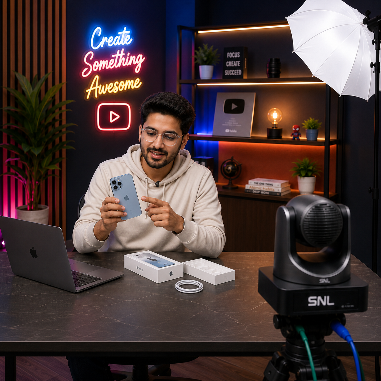 Content creator at a desk with a laptop and PTZ camera, unboxing a phone in front of a neon "Create Something Awesome" sign and a YouTube award plaque